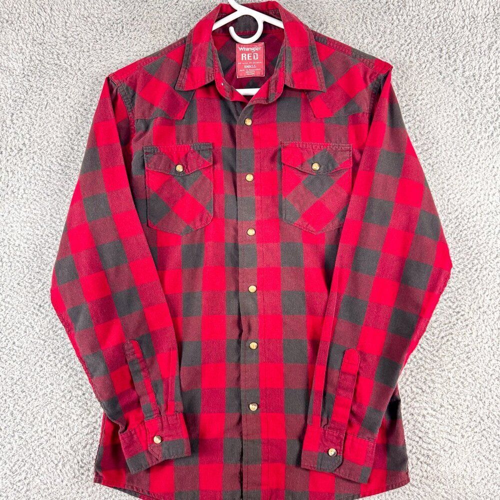 Wrangler Western Shirt Men Small Red Black Buffalo Plaid Pearl Snap Cowboy Ranch